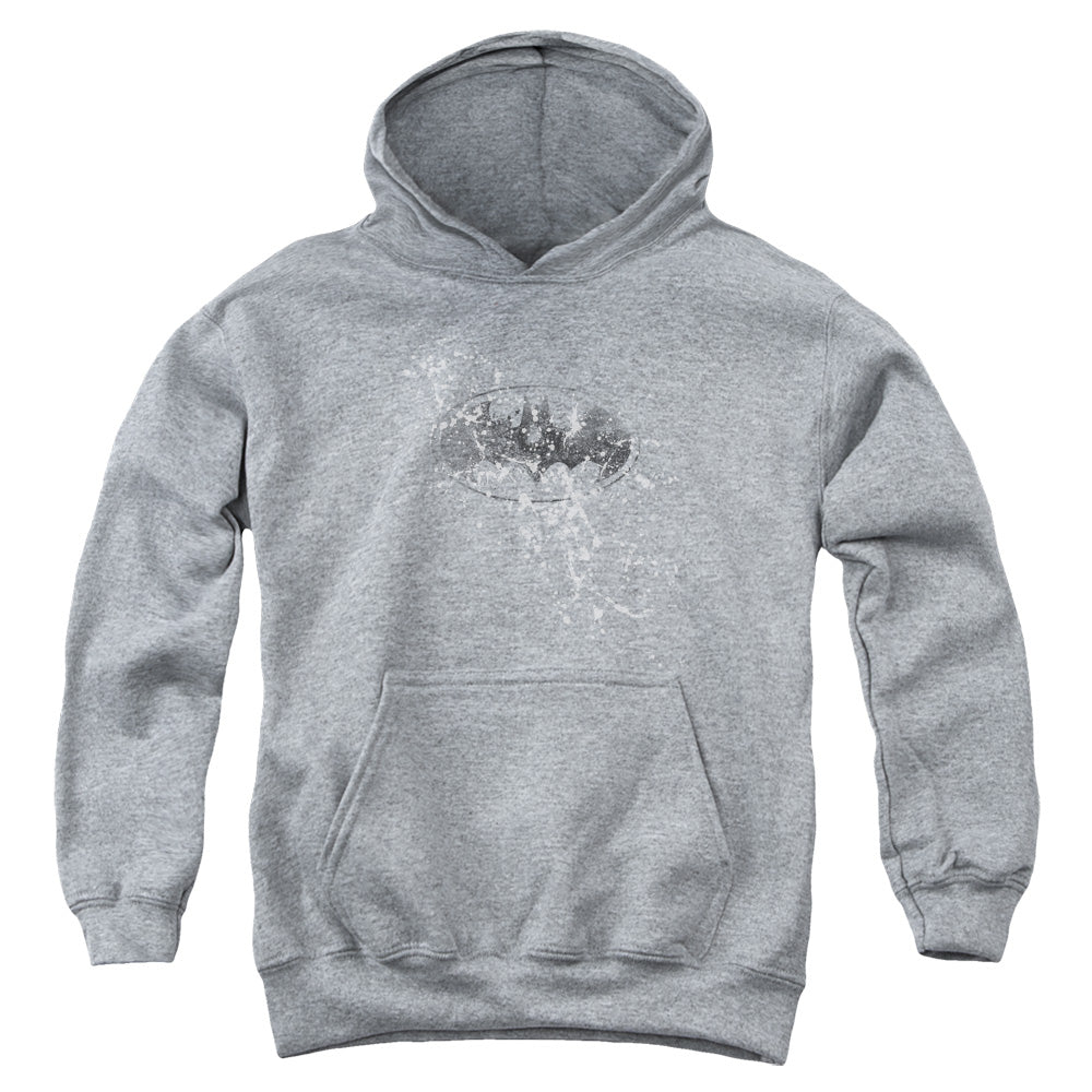 Batman Burned & Splatered Kids Youth Hoodie Athletic Heather Officially Licensed