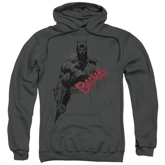 Batman Sketch Bat Red Logo Mens Hoodie Charcoal Officially Licensed