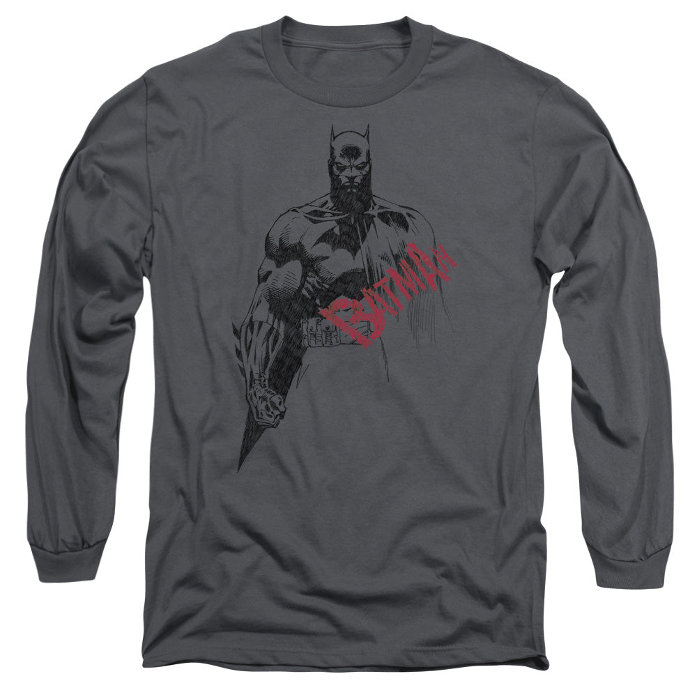 Batman Sketch Bat Red Logo Mens Long Sleeve Shirt Charcoal Officially Licensed