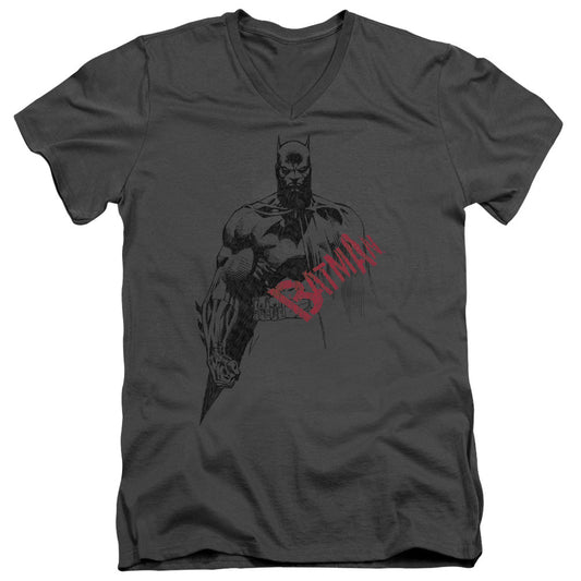 Batman Sketch Bat Red Logo Mens Slim Fit V Neck T Shirt Charcoal Officially Licensed