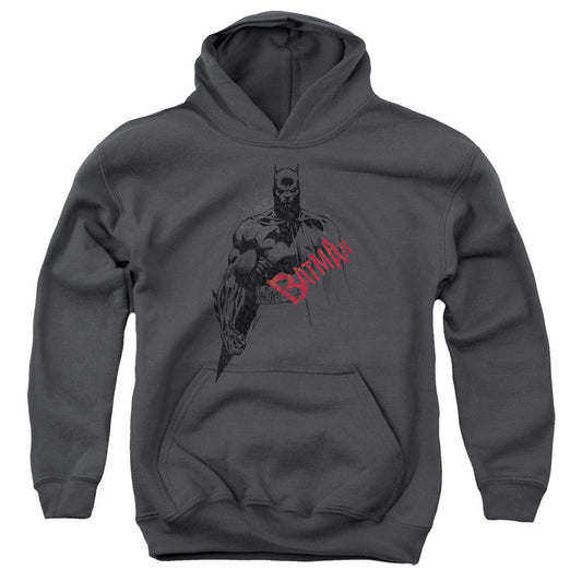Batman Sketch Bat Red Logo Kids Youth Hoodie Charcoal Officially Licensed
