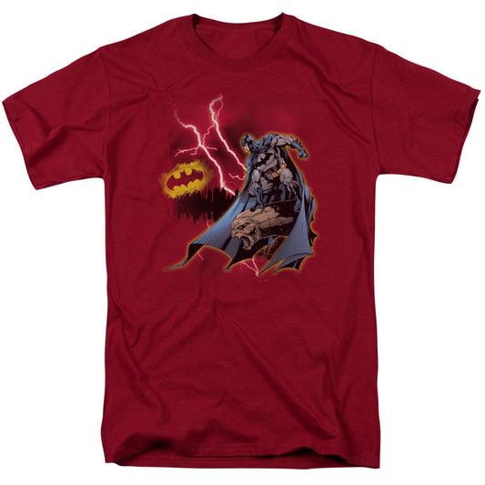 Batman Lightning Strikes Mens T Shirt Cardinal Officially Licensed