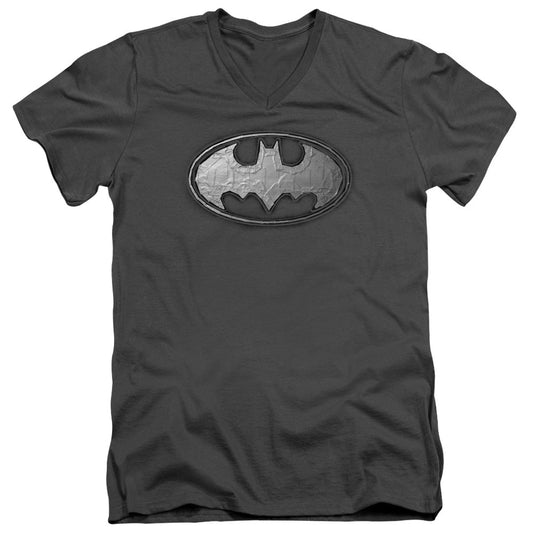 Batman Duct Tape Logo Mens Slim Fit V Neck T Shirt Charcoal Officially Licensed