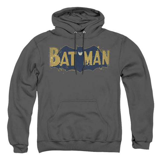 Batman Vintage Logo Splatter Mens Hoodie Charcoal Officially Licensed
