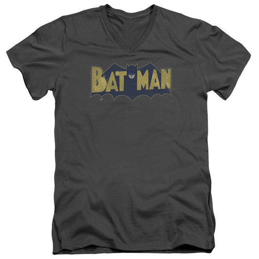 Batman Vintage Logo Splater Mens Slim Fit V Neck T Shirt Charcoal Officially Licensed