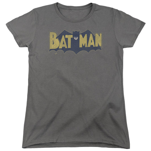 Batman Vintage Logo Splater Womens T Shirt Charcoal Officially Licensed