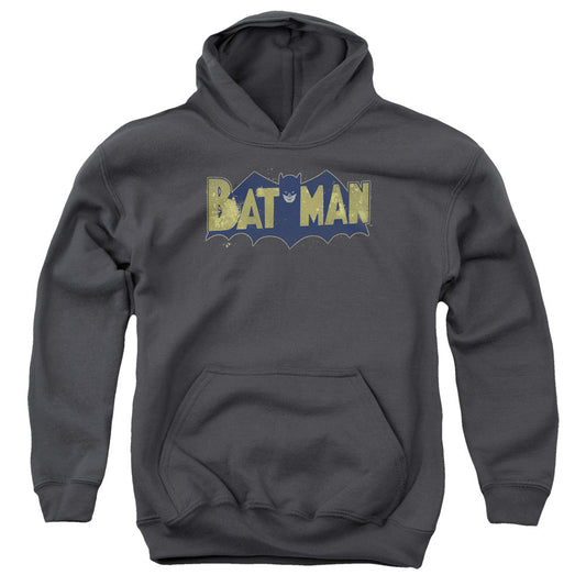 Batman Vintage Logo Splater Kids Youth Hoodie Charcoal Officially Licensed