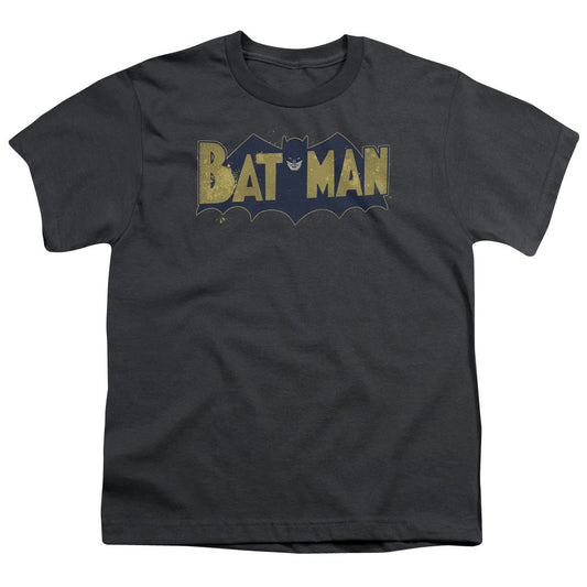 Batman Vintage Logo Splater Kids Youth T Shirt Charcoal Officially Licensed