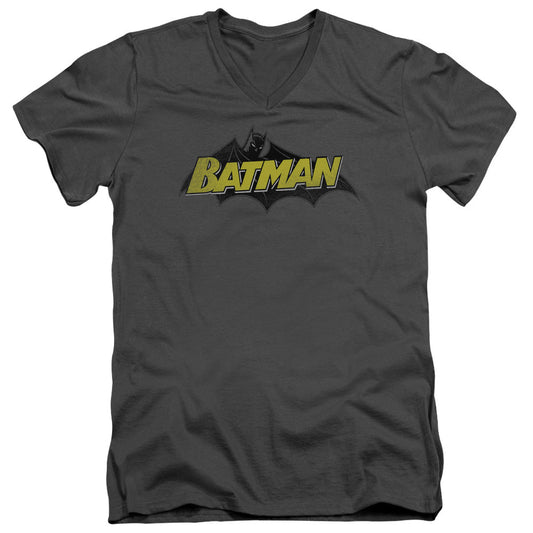 Batman Classic Comic Logo Mens Slim Fit V Neck T Shirt Charcoal Officially Licensed
