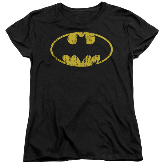 Batman Classic Logo Distressed Womens T Shirt Black Officially Licensed