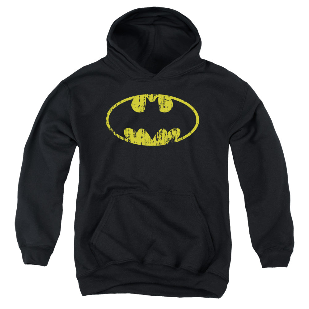 Batman Classic Logo Distressed Kids Youth Hoodie Black Officially Licensed