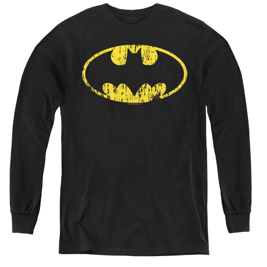 Batman Classic Logo Distressed Long Sleeve Kids Youth T Shirt Black Officially Licensed