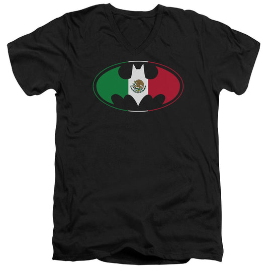 Batman Mexican Flag Shield Mens Slim Fit V Neck T Shirt Black Officially Licensed
