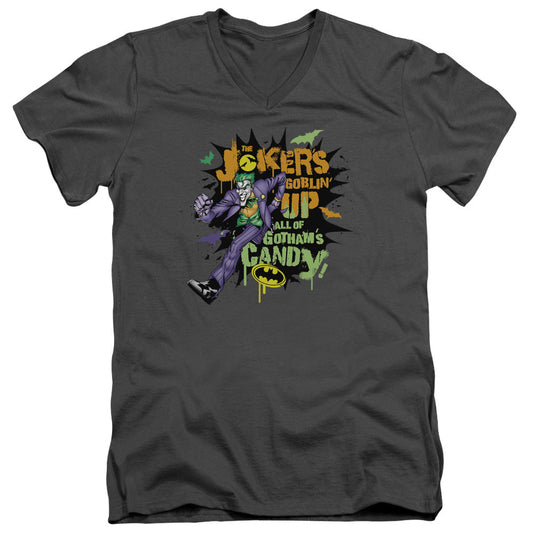 Batman Goblin Candy Mens Slim Fit V Neck T Shirt Charcoal Officially Licensed