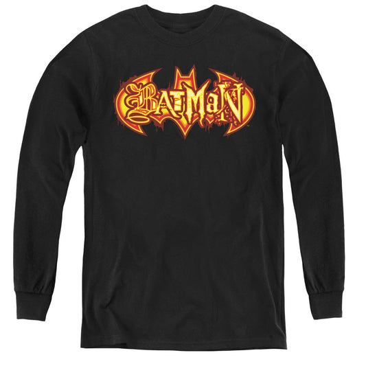 Batman Fiery Shield Long Sleeve Kids Youth T Shirt Black Officially Licensed