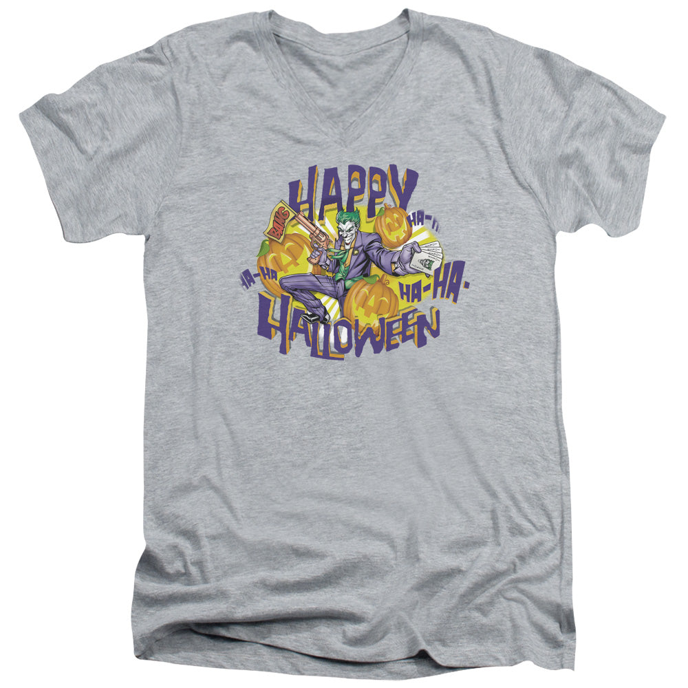 Batman Ha Ha Halloween Mens Slim Fit V Neck T Shirt Athletic Heather Officially Licensed