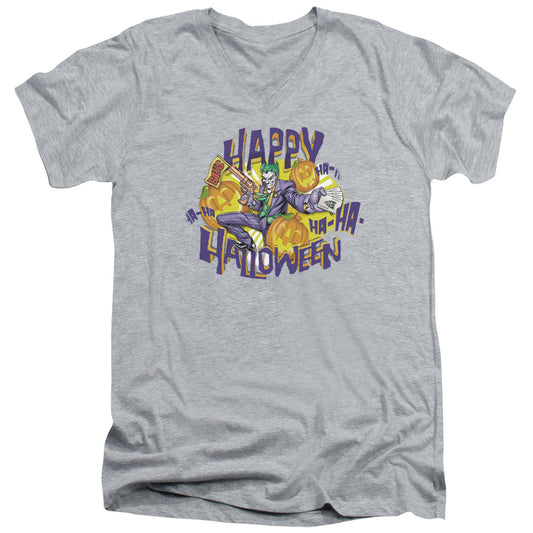 Batman Ha Ha Halloween Mens Slim Fit V Neck T Shirt Athletic Heather Officially Licensed