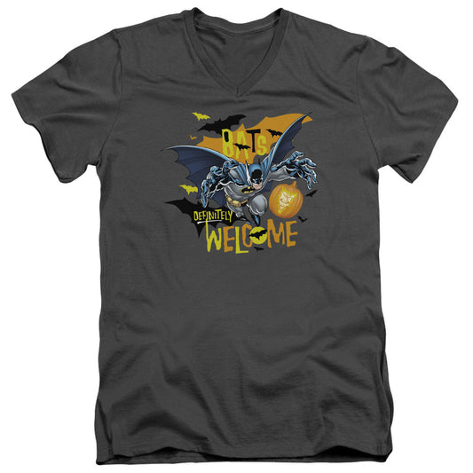 Batman Bats Welcome Mens Slim Fit V Neck T Shirt Charcoal Officially Licensed