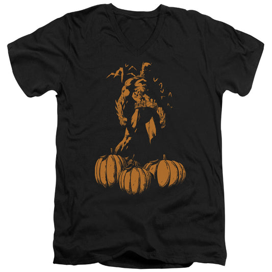 Batman A Bat Among Pumpkins Mens Slim Fit V Neck T Shirt Black Officially Licensed