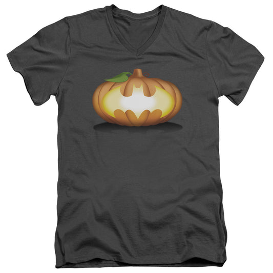 Batman Bat Pumpkin Logo Mens Slim Fit V Neck T Shirt Charcoal Officially Licensed