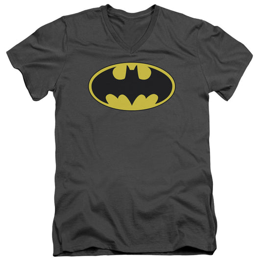 Batman Classic Bat Logo Mens Slim Fit V Neck T Shirt Charcoal Officially Licensed