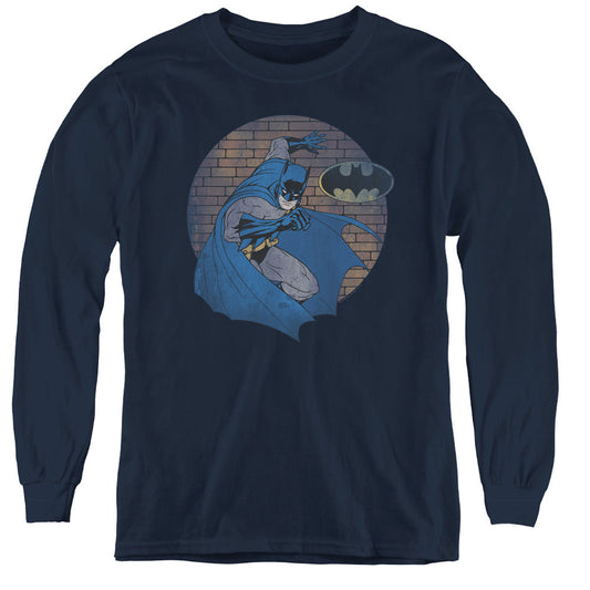 Batman In The Spotlight Long Sleeve Kids Youth T Shirt Navy Blue Officially Licensed