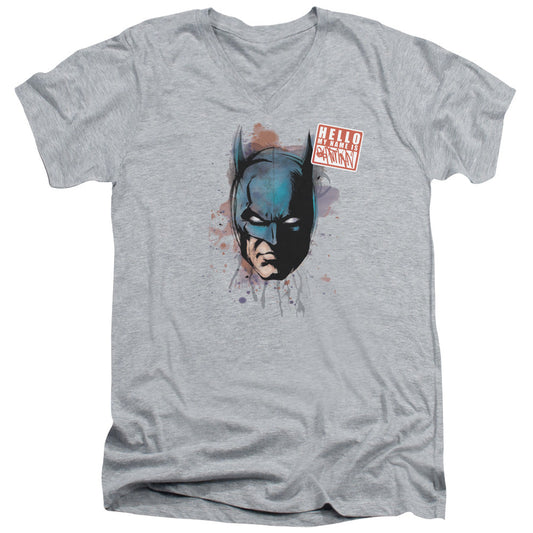 Batman Hello Mens Slim Fit V Neck T Shirt Athletic Heather Officially Licensed