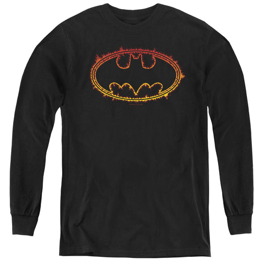 Batman Flame Outlined Logo Long Sleeve Kids Youth T Shirt Black Officially Licensed