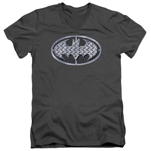 Batman Steel Mesh Shield Mens Slim Fit V Neck T Shirt Charcoal Officially Licensed