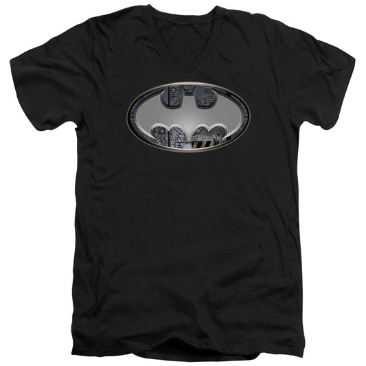 Batman Steel Wall Shield Mens Slim Fit V Neck T Shirt Black Officially Licensed