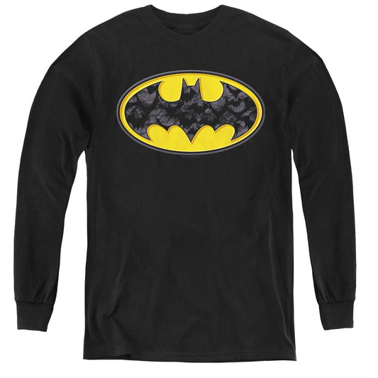 Batman Bats In Logo Long Sleeve Kids Youth T Shirt Black Officially Licensed