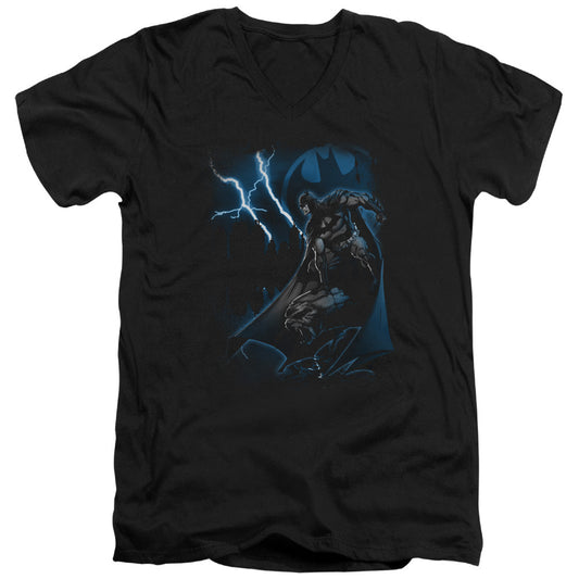 Batman Lightning Strikes Mens Slim Fit V Neck T Shirt Black Officially Licensed