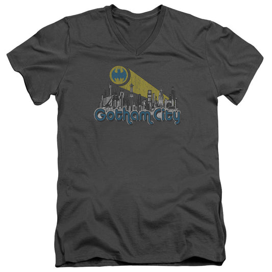 Batman Gotham City Distressed Mens Slim Fit V Neck T Shirt Charcoal Officially Licensed