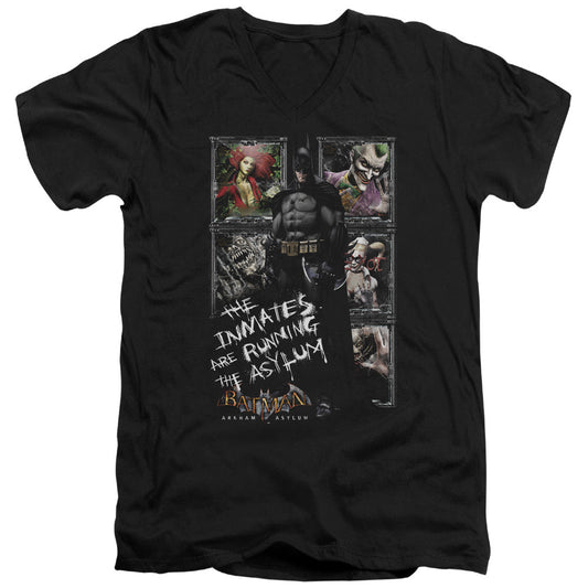 Batman Aa Running The Asylum Mens Slim Fit V Neck T Shirt Black Officially Licensed