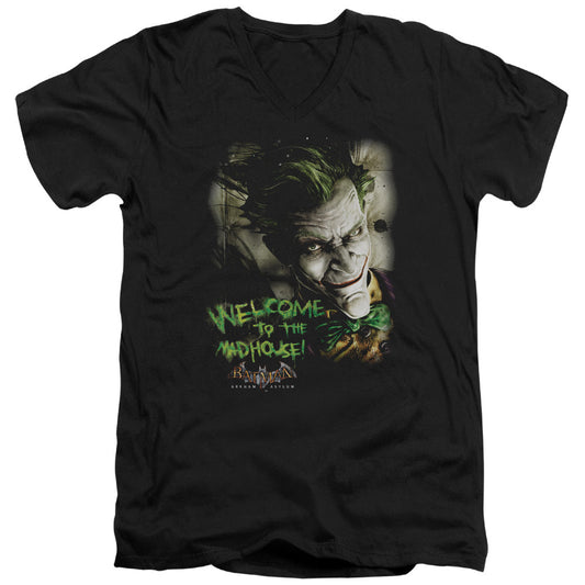 Batman Aa Welcome To The Madhouse Mens Slim Fit V Neck T Shirt Black Officially Licensed