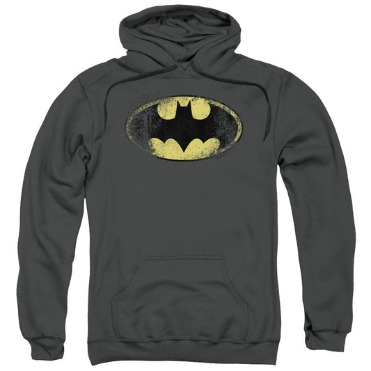 Batman Destroyed Logo Mens Hoodie Charcoal Officially Licensed