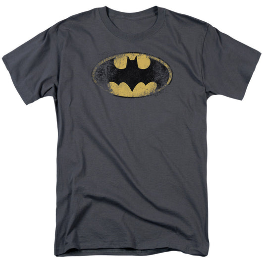 Batman Destroyed Logo Mens T Shirt Charcoal Officially Licensed
