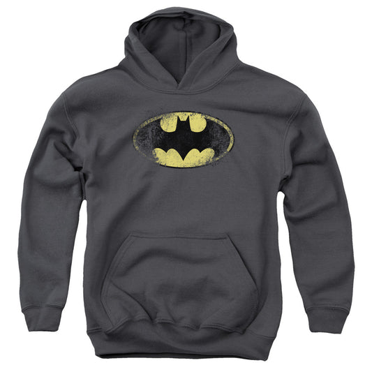Batman Destroyed Logo Kids Youth Hoodie Charcoal Officially Licensed