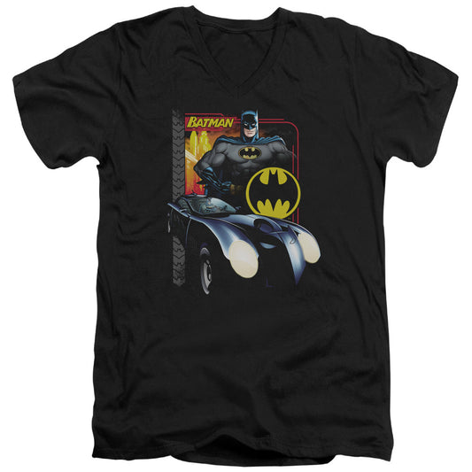 Batman Bat Racing Mens Slim Fit V Neck T Shirt Black Officially Licensed