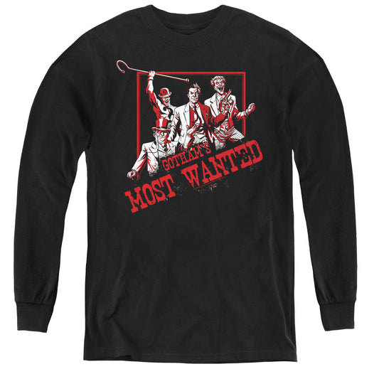 Batman Gothams Most Wanted Long Sleeve Kids Youth T Shirt Black Officially Licensed