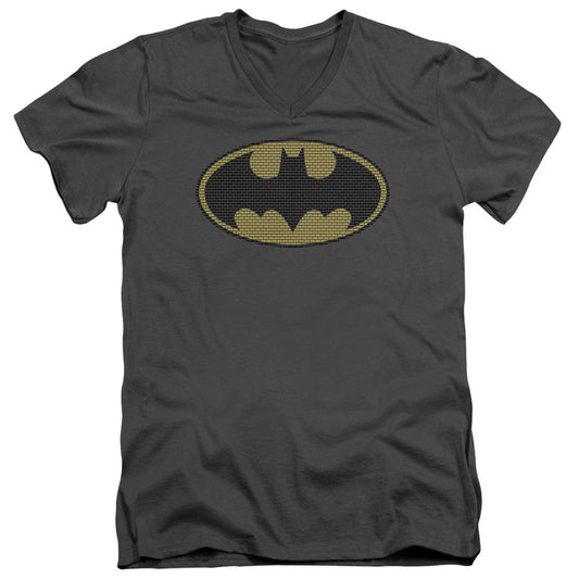 Batman Litle Logos Mens Slim Fit V Neck T Shirt Charcoal Officially Licensed