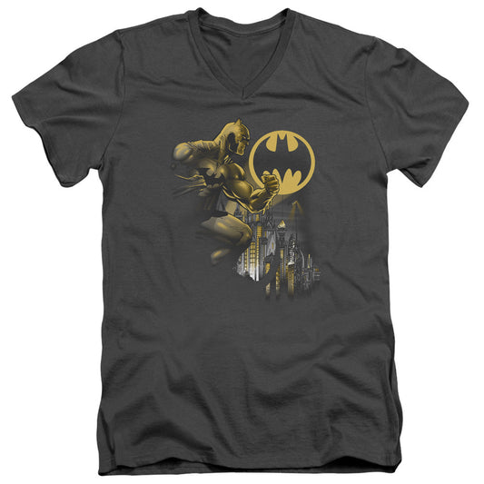 Batman Bat Signal Mens Slim Fit V Neck T Shirt Charcoal Officially Licensed
