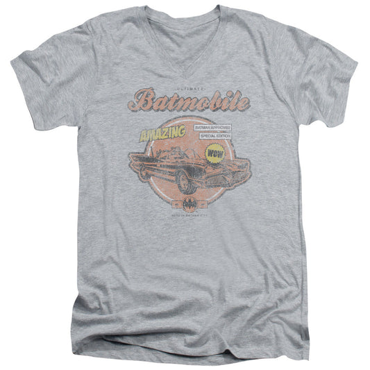 Batman Amazing Batmobile Mens Slim Fit V Neck T Shirt Athletic Heather Officially Licensed
