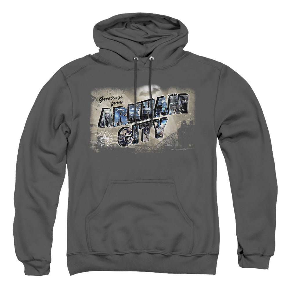 Arkham City Greetings From Arkham Mens Hoodie Charcoal Officially Licensed