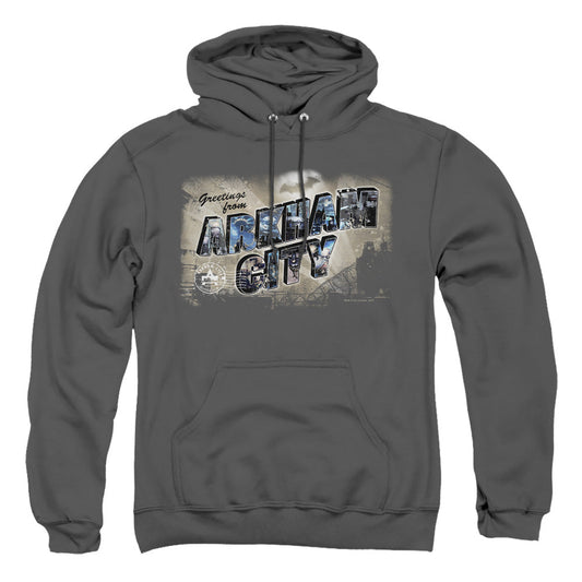 Arkham City Greetings From Arkham Mens Hoodie Charcoal Officially Licensed
