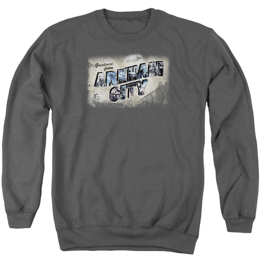 Arkham City Greetings From Arkham Mens Crewneck Sweatshirt Charcoal