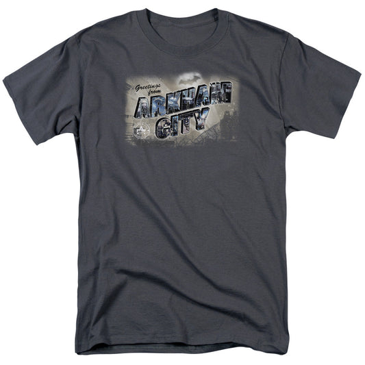 Batman Arkham City Greetings From Arkham Mens T Shirt Charcoal Officially Licensed