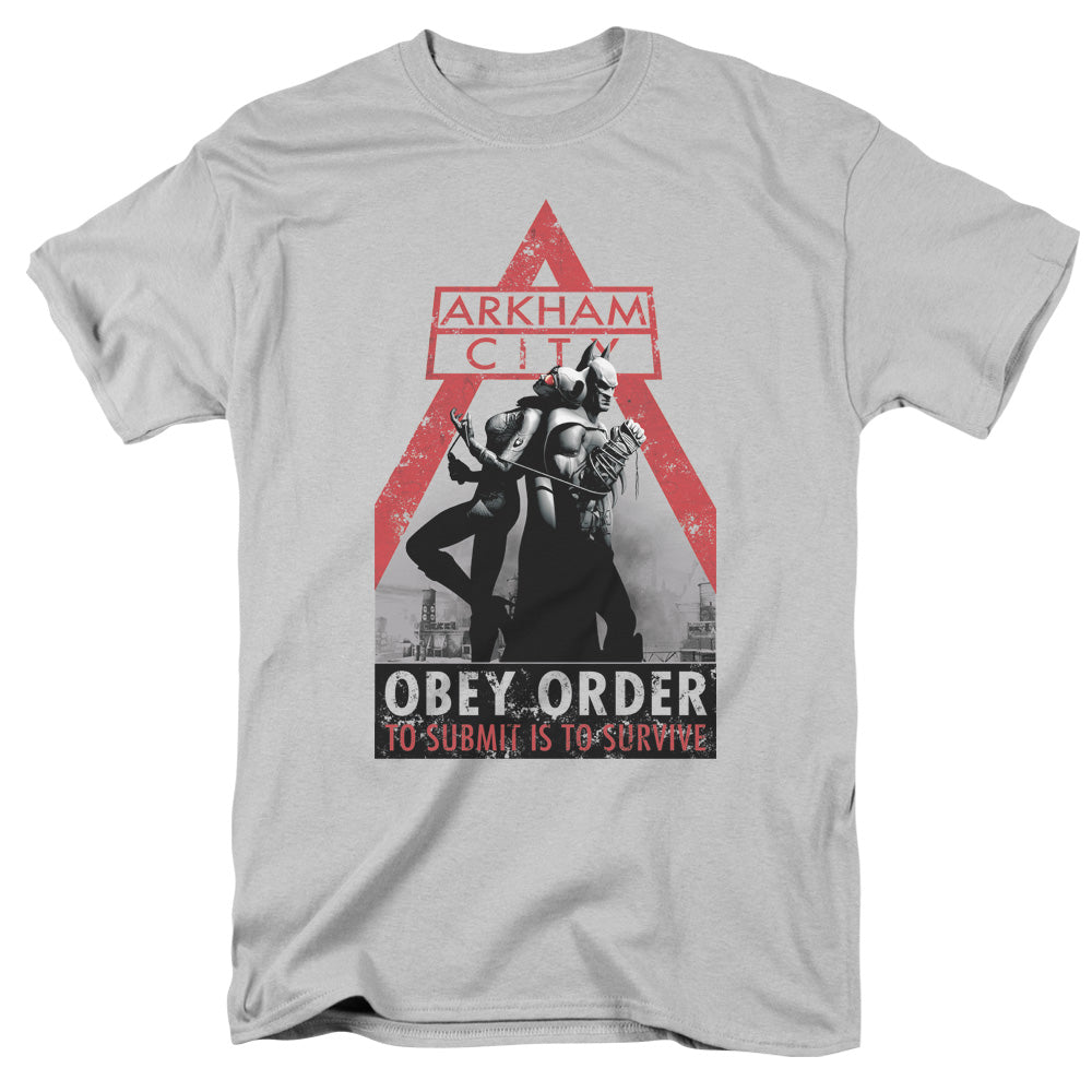 Batman Arkham City Obey Order Mens T Shirt Silver Officially Licensed