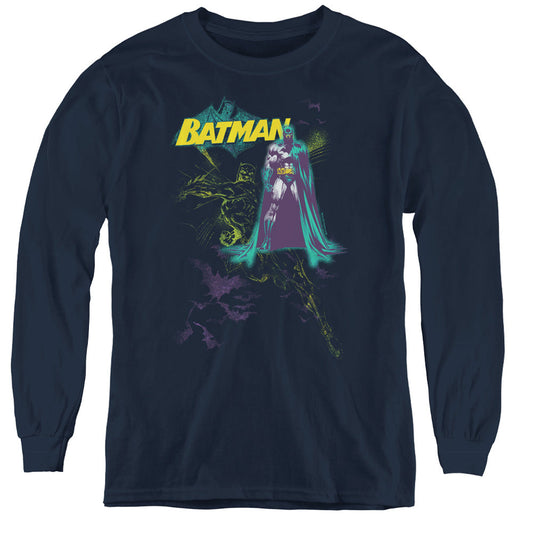 Batman Bat Spray Long Sleeve Kids Youth T Shirt Navy Blue Officially Licensed