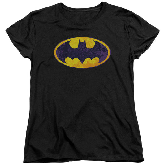 Batman Bm Neon Distress Logo Womens T Shirt Black Officially Licensed